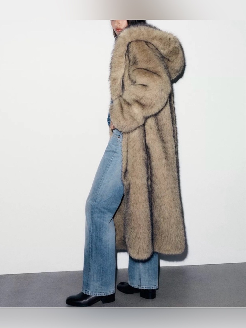 Zara Viral Long Hooded Faux Fur Coat in Taupe M/L
